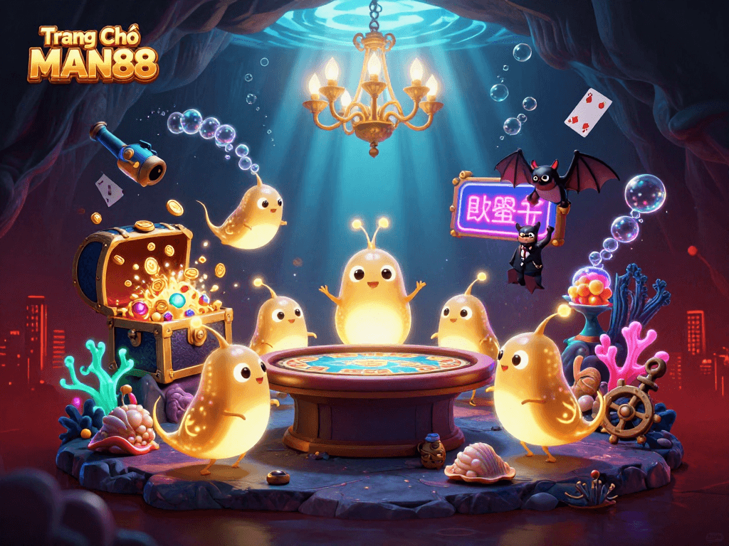 Experience the excitement of Trang Chủ MAN88 with radiant glowworms illuminating a vibrant casino.