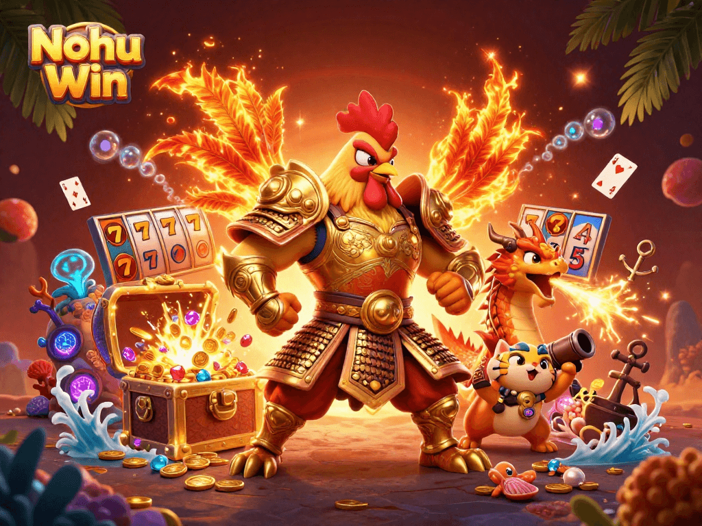 Nohu Win invites players to enjoy an exhilarating slot experience with a thrilling cartoon scene.