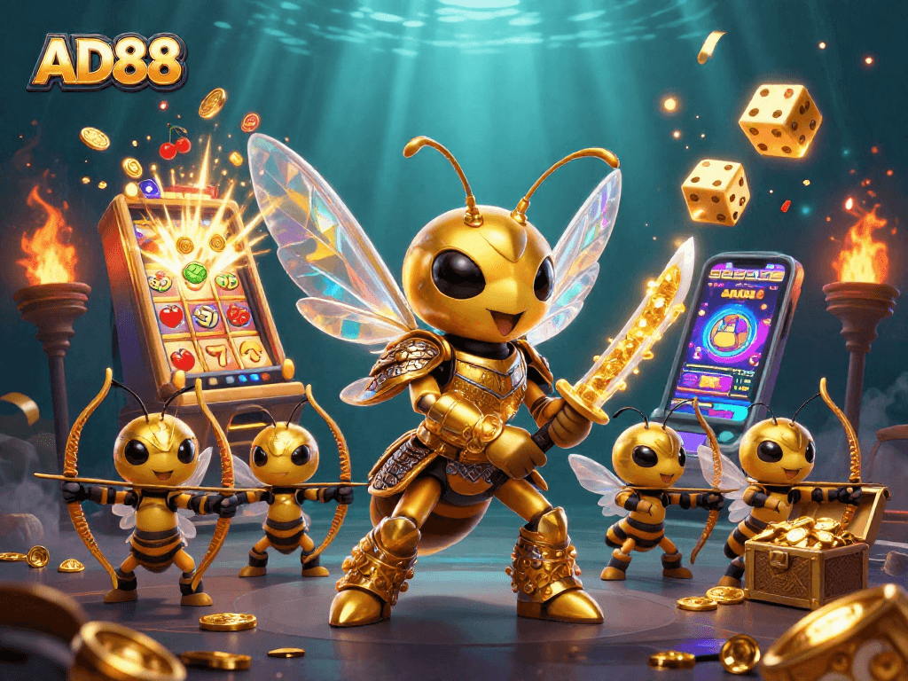 Engage with AD88's immersive gaming experience featuring a dynamic trio in a lively casino scene.