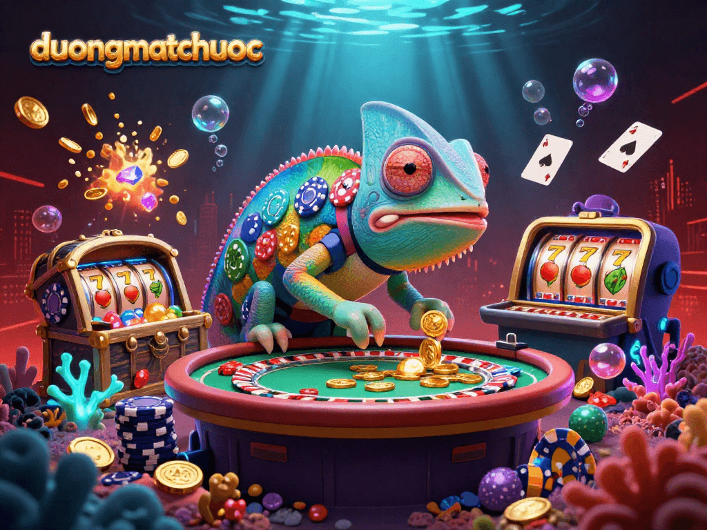 Engage with duongmatchuoc's vibrant casino scene featuring a colorful chameleon and dynamic gambling elements.