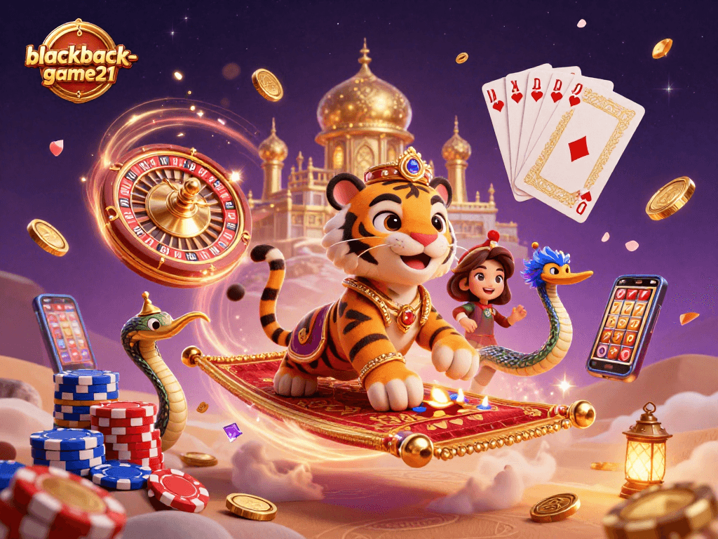Experience blackjack-game21 excitement with an Arabian tiger sultan on a magical carpet amidst casino treasures.