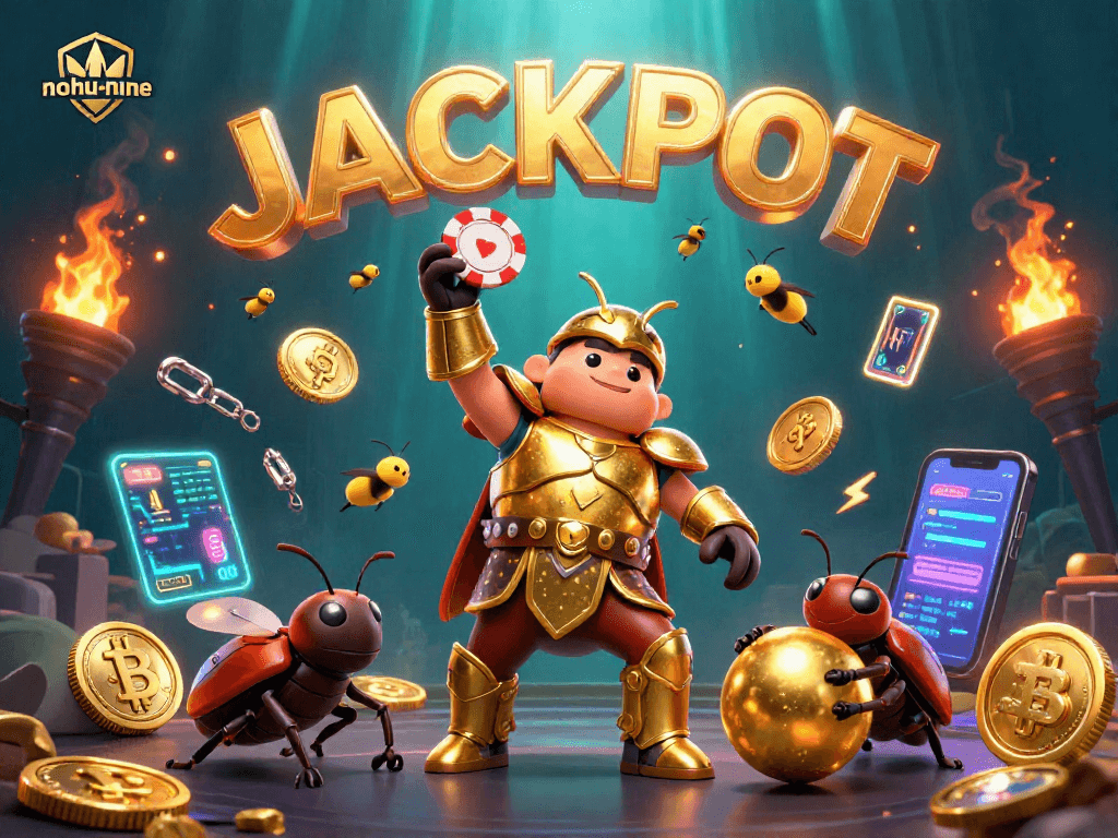 Engage in nohu-nine excitement with a golden beetle champion celebrating a jackpot victory.