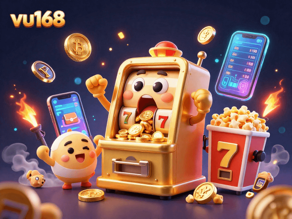 Bets at vu168 with a golden slot machine celebrating its jackpot while coins cascade down.