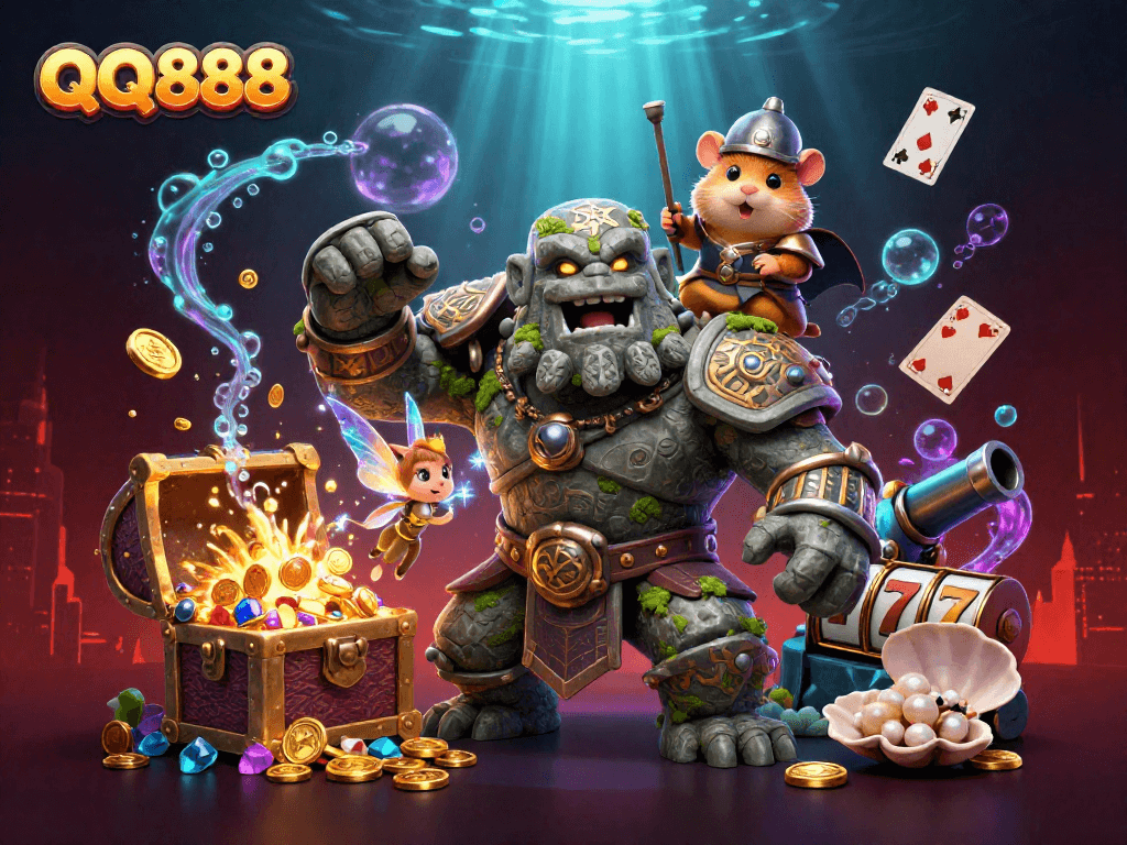 Experience the vibrant and immersive world of QQ888 with the magical golem and fairy in this dynamic casino-themed scene.