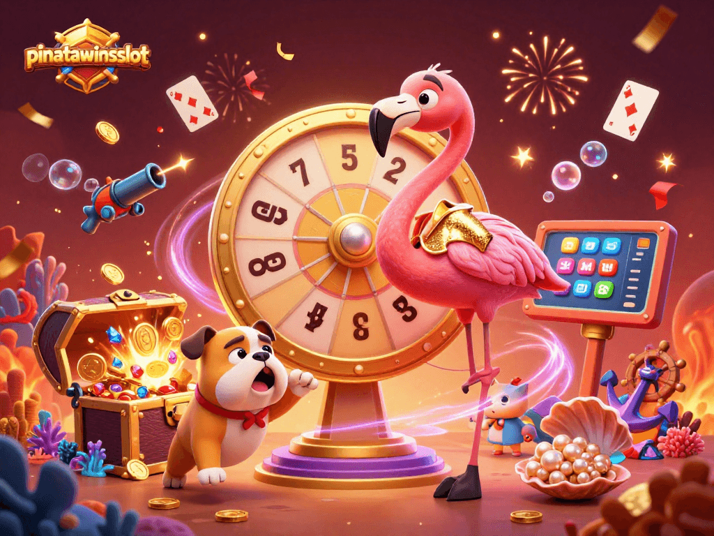 Exciting moment at pinatawinsslot with a flamingo host, bulldog, and scoreboard showcasing prizes.