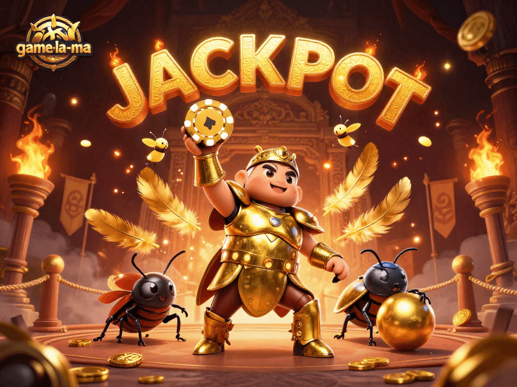 Engage with game-la-ma as a victorious beetle lifts a poker chip in a dynamic casino scene.