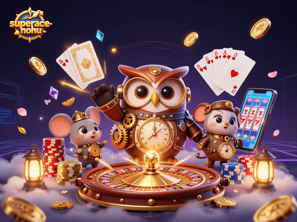 Engage with superace-nohu as the time-traveler owl unveils exciting casino adventures amid glowing treasures.