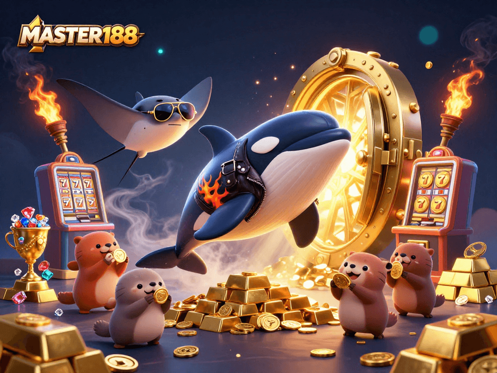 MASTER188 brings excitement with a vibrant casino scene featuring an orca and otters amid golden riches.
