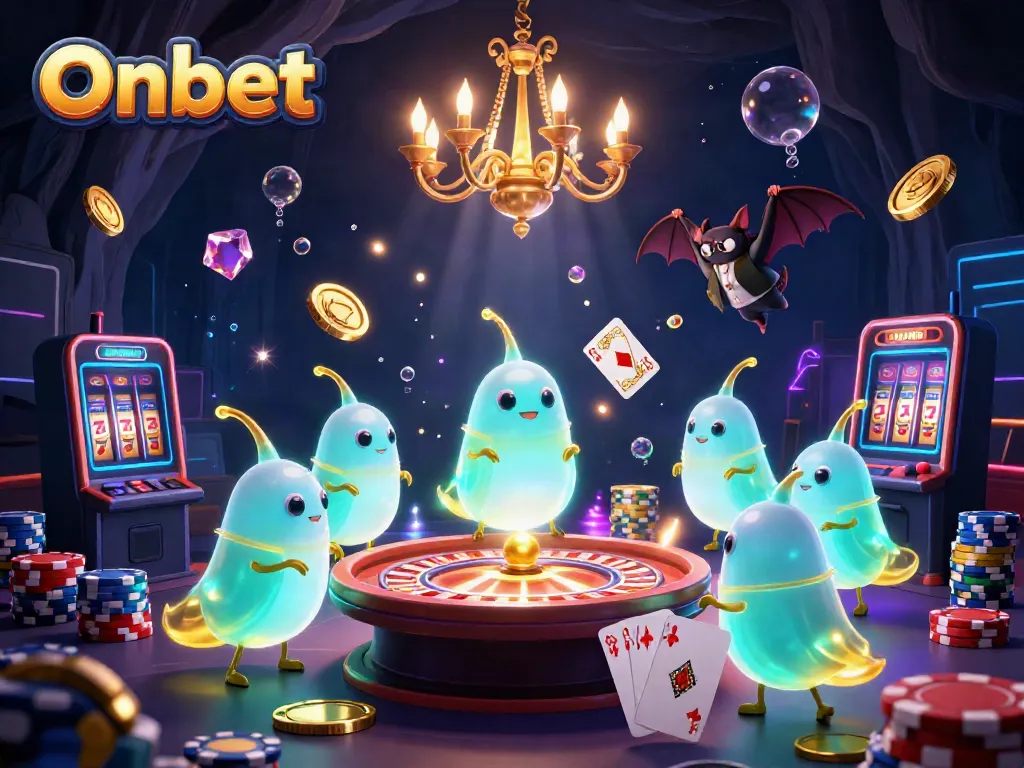 Onbet illuminates a vibrant casino scene with animated glowworms and a bat dealer.