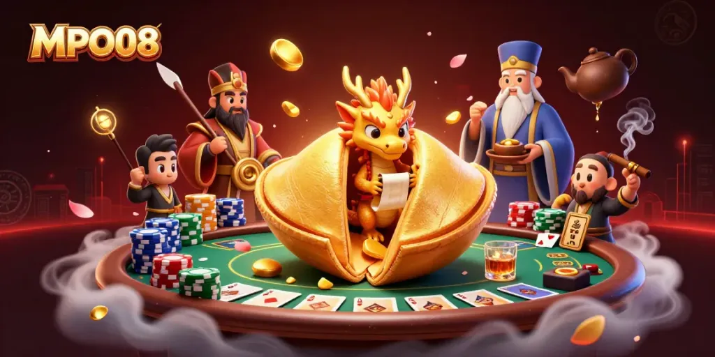 MPO08 showcases a vibrant 3D casino scene featuring poker elements, lucky symbols, and wise characters.