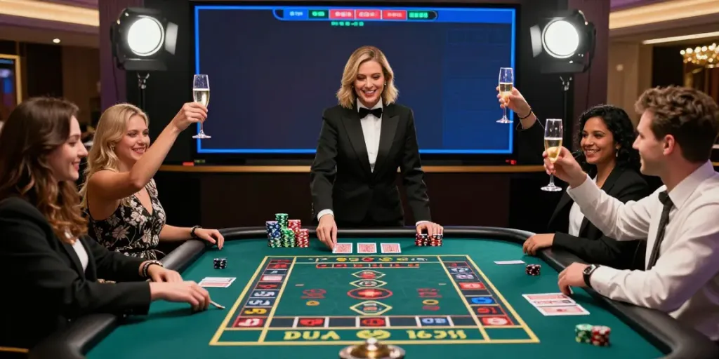 Akunjp casino gaming excitement with players celebrating a win at roulette table.