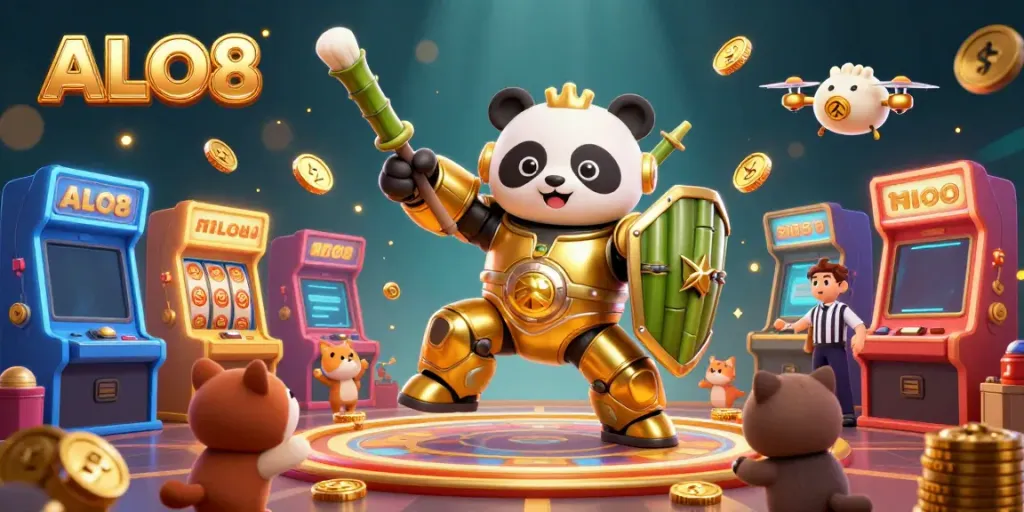 Experience ALO8 casino thrills with a golden panda mech in an exciting gambling arena.