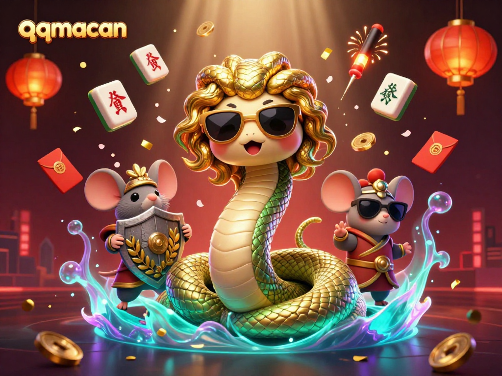 Experience the thrill of qqmacan with Medusa and a warrior mouse amidst vibrant gaming elements.