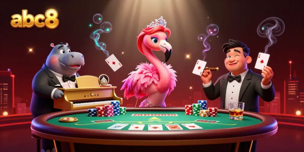 Experience thrilling action at abc8 with vibrant casino scenes featuring a singing flamingo and funky hippo bassist.