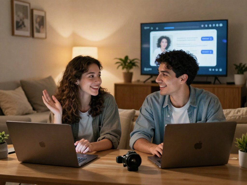 Two friends engaging in a vibrant sex ai chat on their laptops in a cozy setting, showcasing modern interaction.