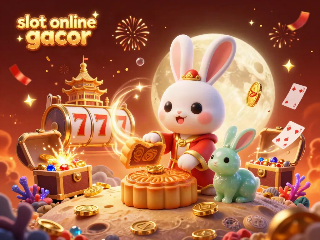Engage with the vibrant scene showcasing slot online gacor, where a moon rabbit reveals poker chips and surrounded by casino elements.