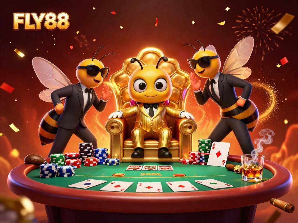 FLY88 captures excitement with a vibrant illustration featuring a mob boss, poker action, and lavish casino elements.