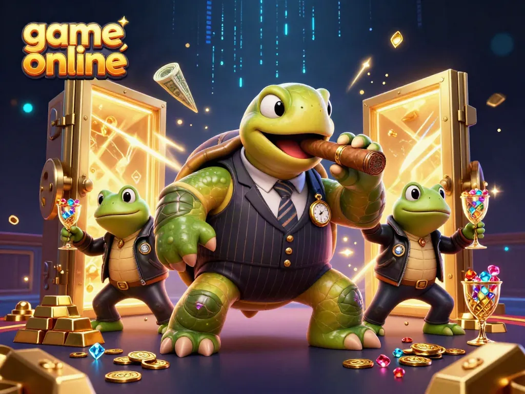 Experience thrilling game online action with cartoon characters amid gold and jewels.