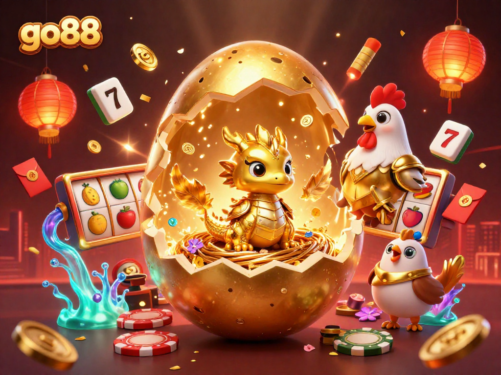 Experience the excitement at go88 with a vibrant, 3D illustration featuring golden gaming elements and characters.