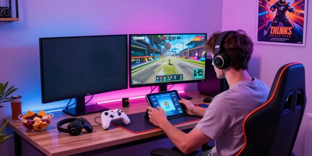 Yono Games experience with a young adult engaging on a tablet in a cozy gaming setup.