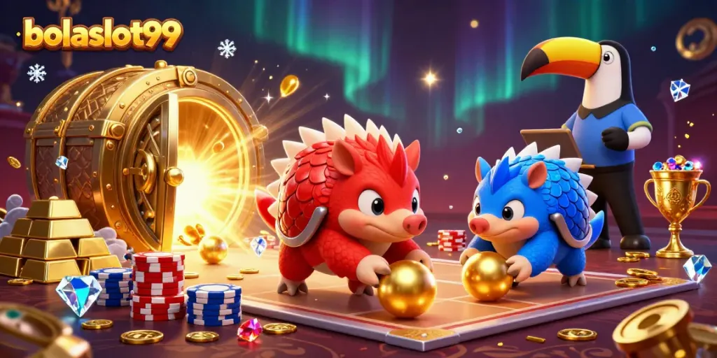Play big with bolaslot99 as rival pangolins roll into golden balls amid poker chips.