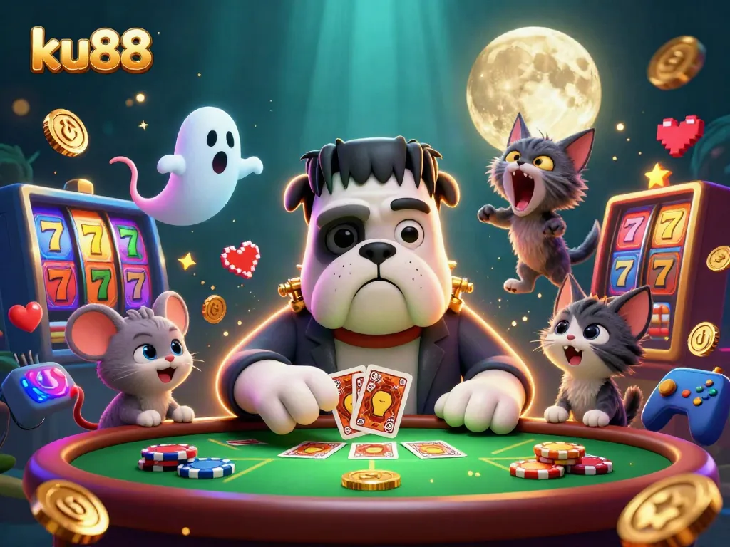 ku88 invites players to win at slot machines and jackpots with a fun casino scene