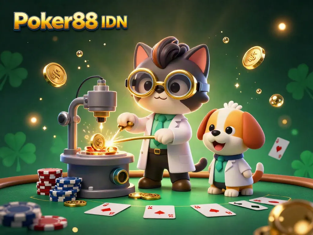 Engaging scene showcasing Poker88 IDN with a mad scientist cat and assistant in a lively poker lab.
