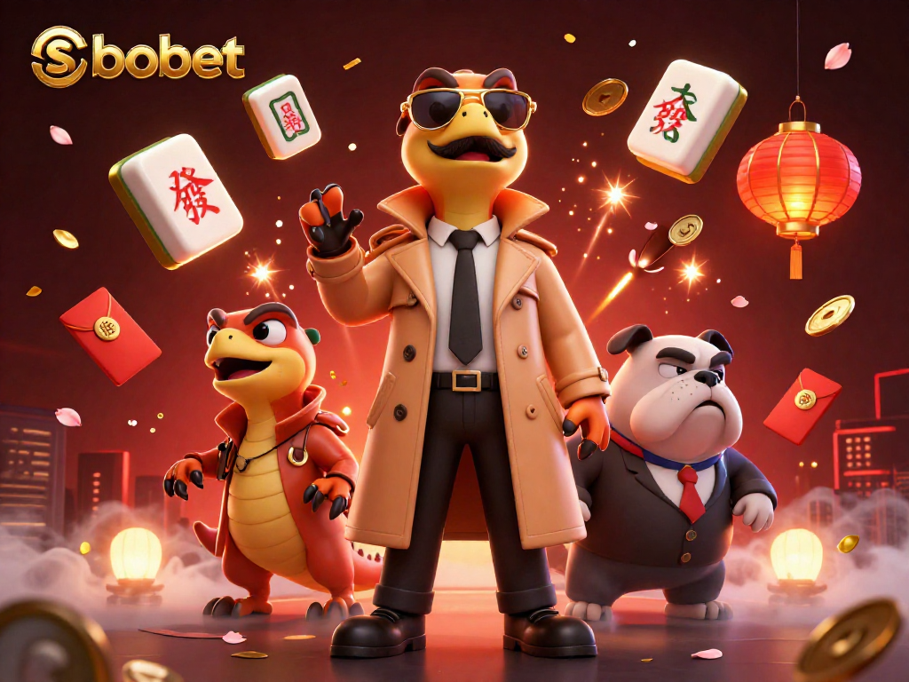 SBOBET raptors humorously attempt entry into a VIP lounge, showcasing lively casino elements.