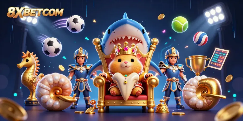 Engage in thrilling sports betting at 8XBETCOM with vibrant 3D illustration of a golden hamster king