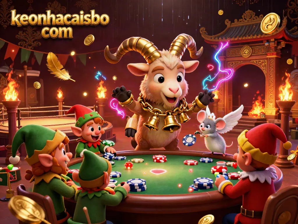 Engage with the lively gaming atmosphere at keonhacaisbo com, featuring festive characters in a holiday-horror casino scene.