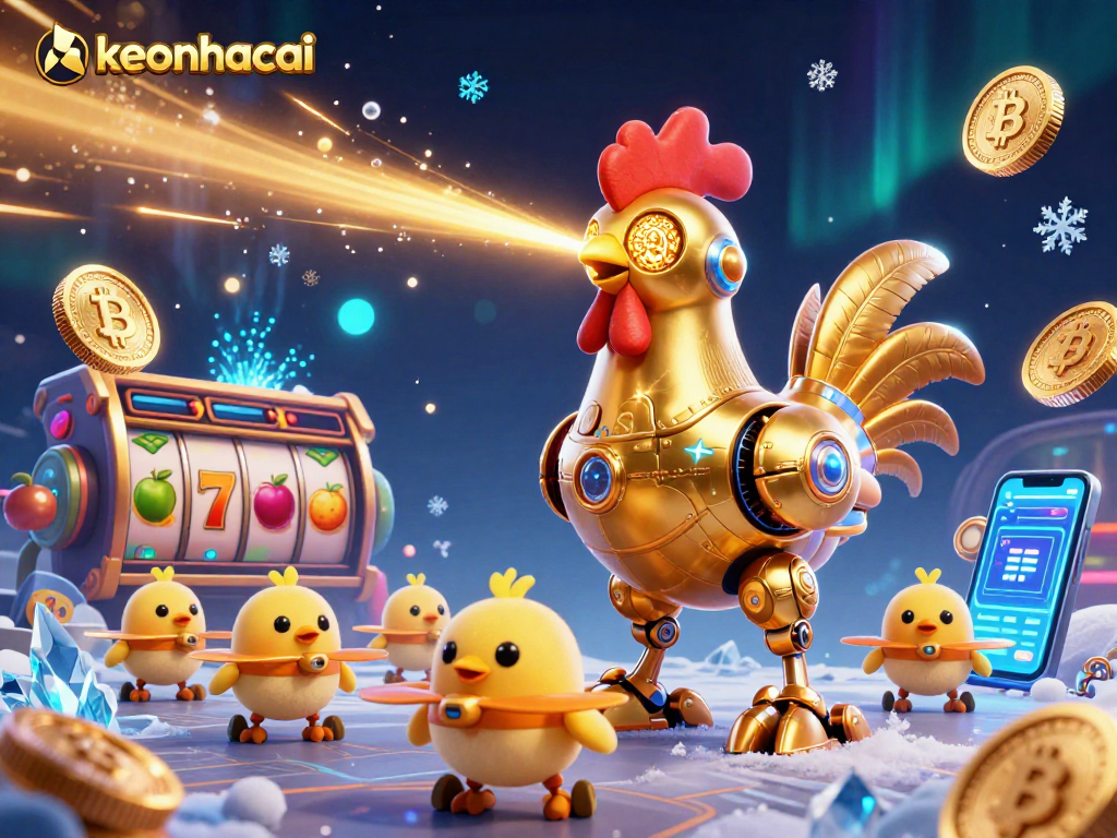 Join the keonhacai adventure with a golden rooster robot and crypto elements in a vibrant casino scene