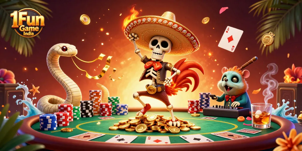 Experience the thrill of 1Fun Game India with a vibrant 3D scene featuring nightlife, poker, and fun!