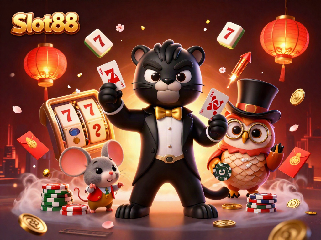 Slot88 showcases a stylish panther dealing cards among glowing lanterns and fireworks in a vibrant casino scene.