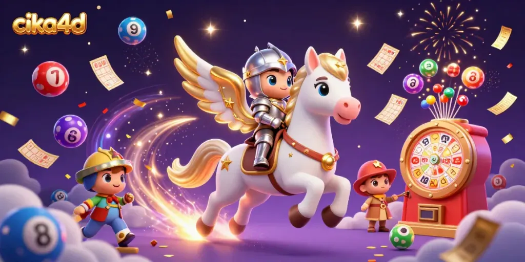 Experience fortune with cika4d as a knight rides a celestial horse amid colorful lottery elements.