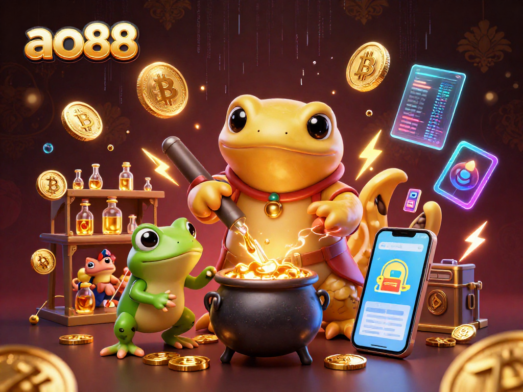 Engage with ao88's vibrant casino atmosphere featuring a dynamic scene of alchemists processing coins and crypto elements.