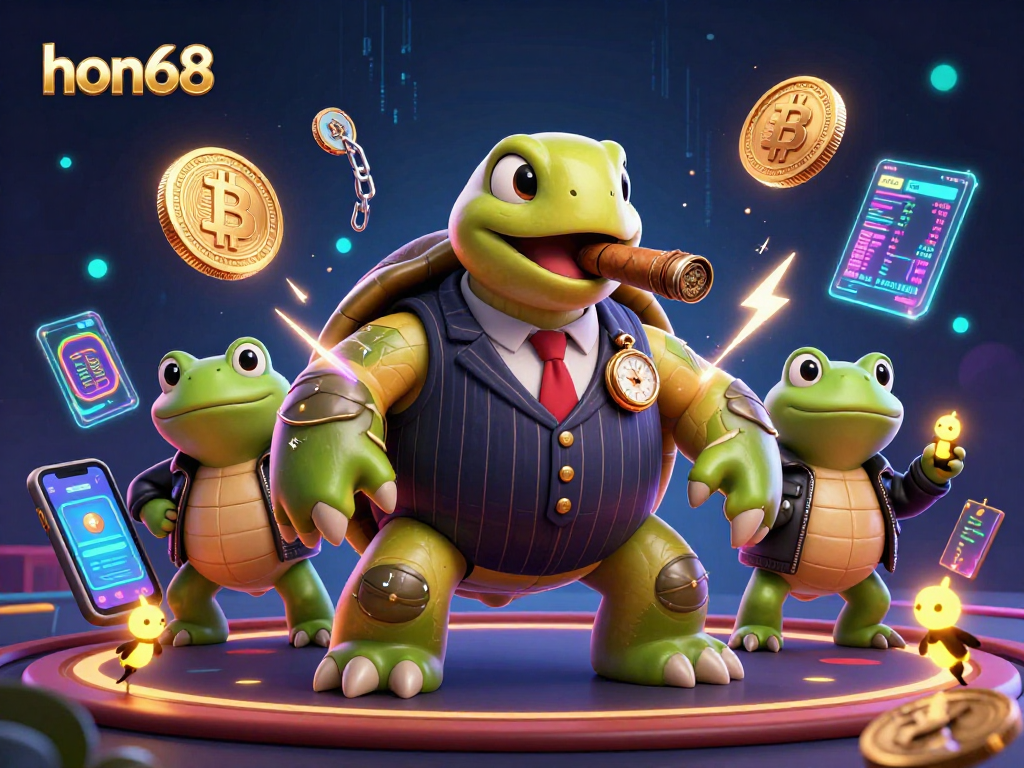 Engage in thrilling action with hon68 as a giant snapping turtle leads two bullfrog enforcers in a vibrant casino.