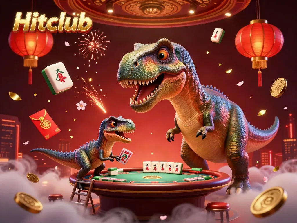 Experience the vibrant Hitclub casino atmosphere with a playful brontosaurus and raptor in action!