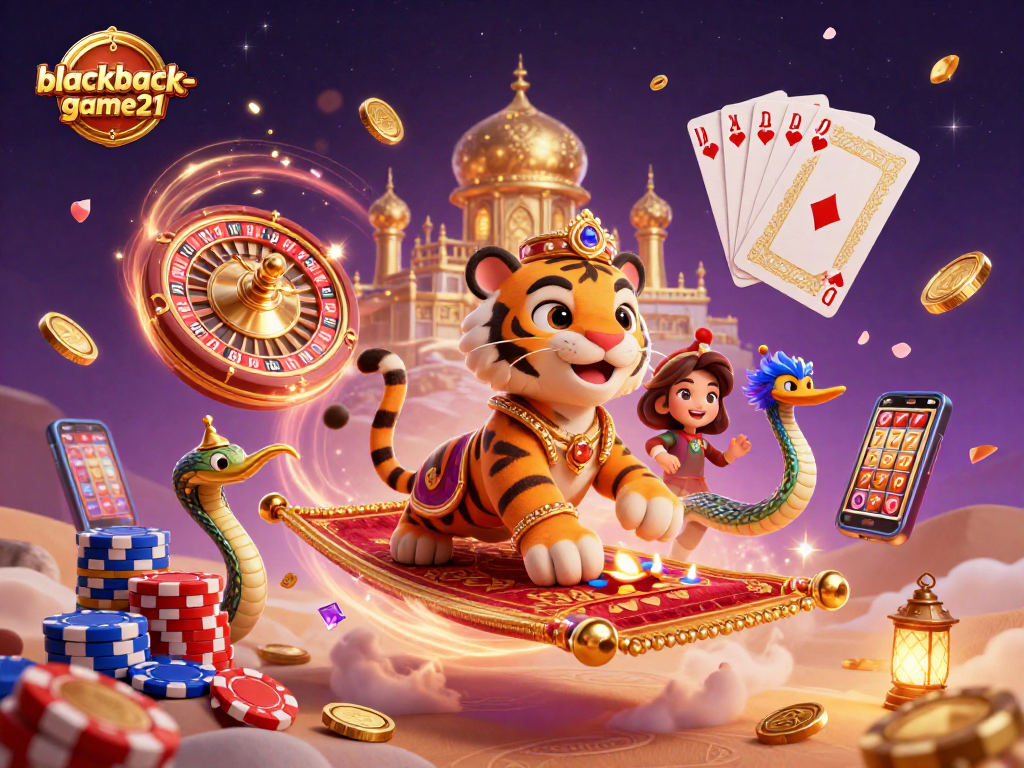 Experience blackjack-game21 excitement with an Arabian tiger sultan on a magical carpet amidst casino treasures.