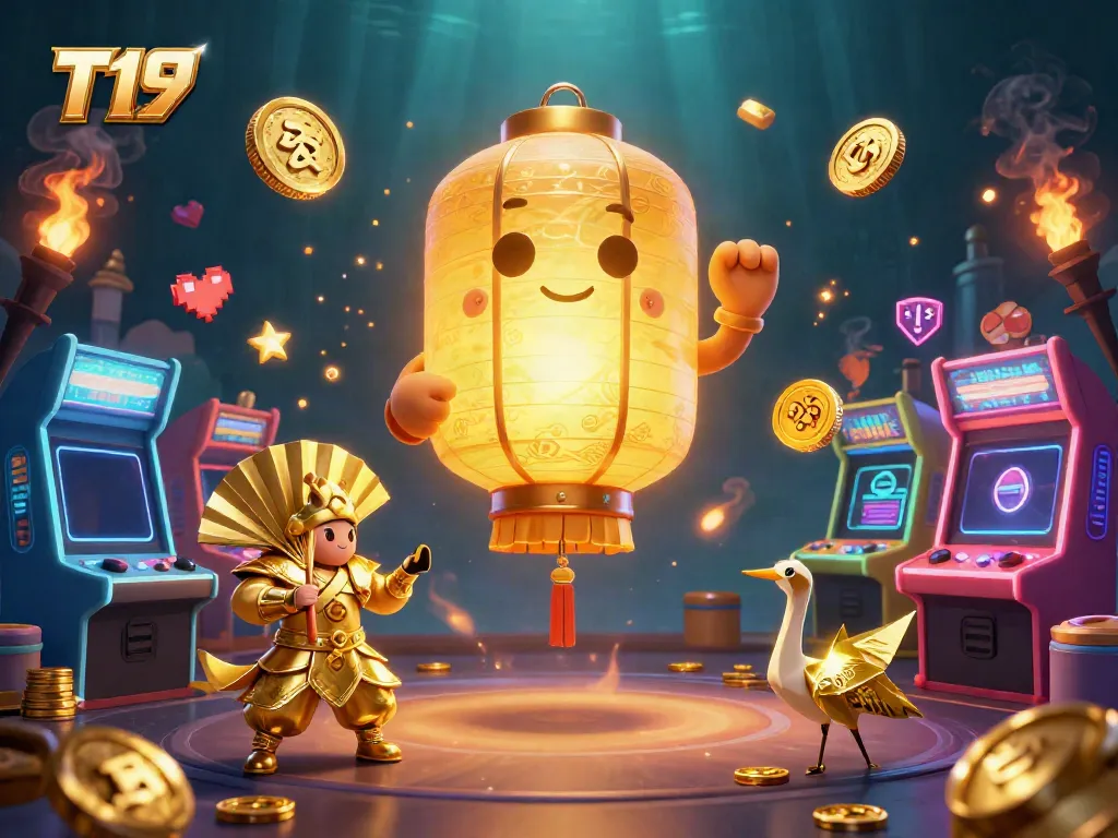Engage with T19's vibrant gambling atmosphere featuring glowing symbols and energetic characters.