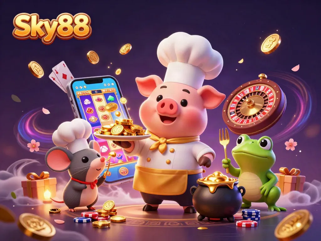 Sky88 captures the excitement of gaming with a chef pig, sous-chef mouse, and critic frog surrounded by gold coins and slots.
