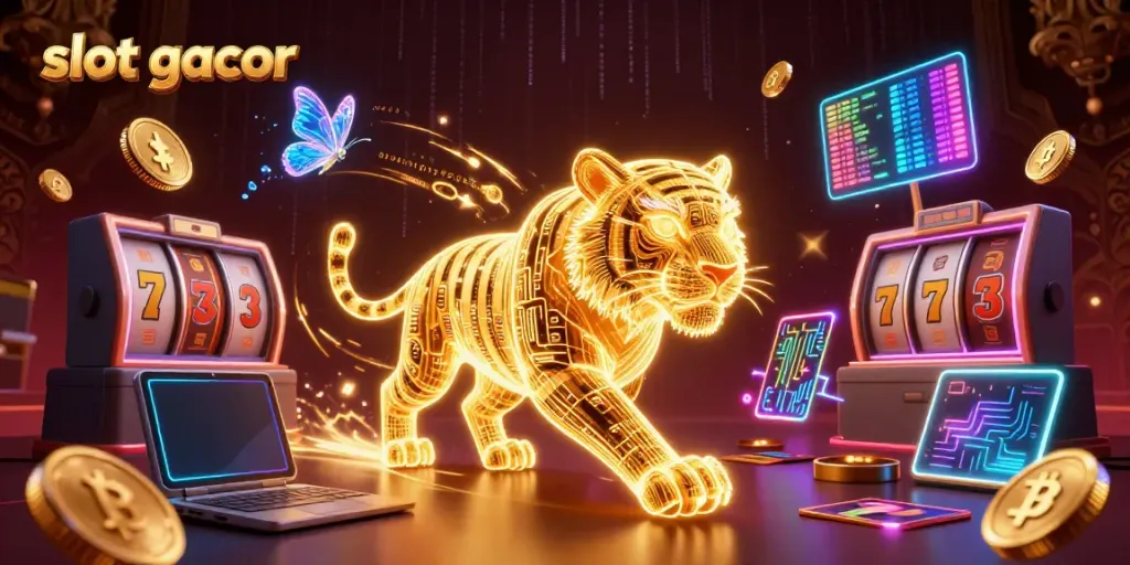 Experience slot gacor action in a vibrant digital casino with a golden tiger and holographic butterflies.