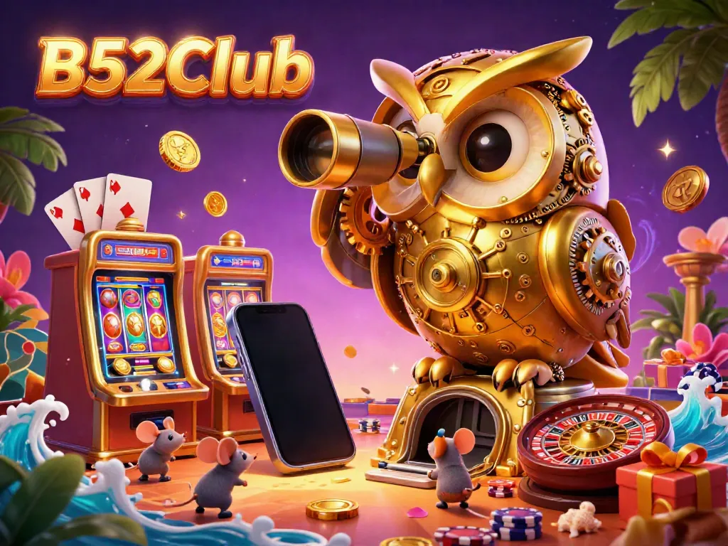 B52Club showcases a vibrant casino scene with a golden owl and engaging gameplay elements.