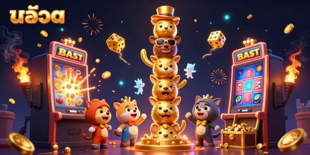 Experience thrilling สล็อต gameplay with animated characters and vibrant casino elements bursting with excitement.
