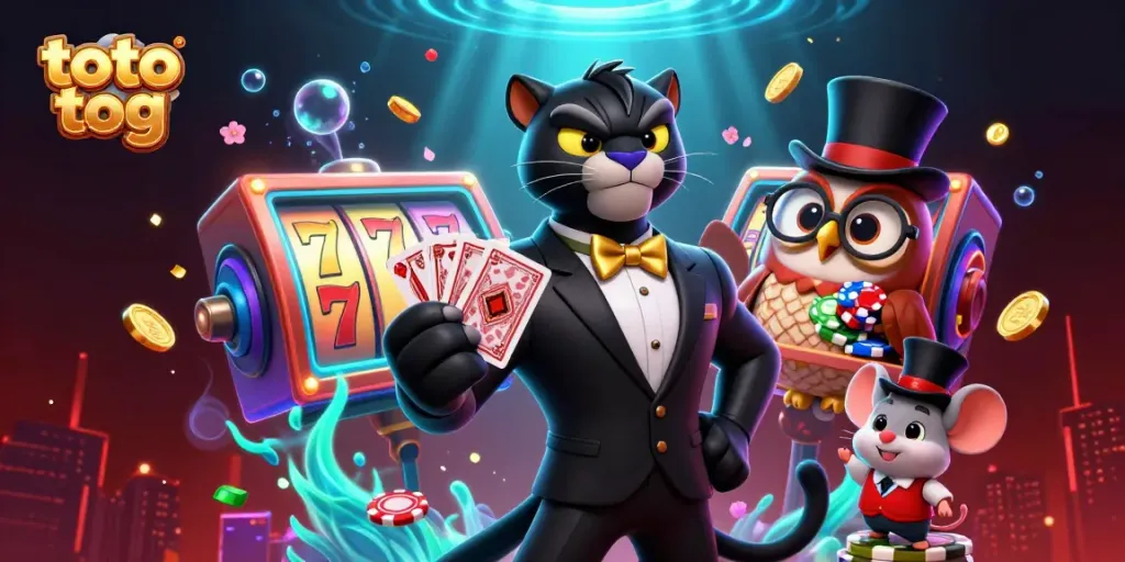 Engage with Toto Tog as a stylish panther deals cards amidst vibrant slot graphics in a rich casino atmosphere.