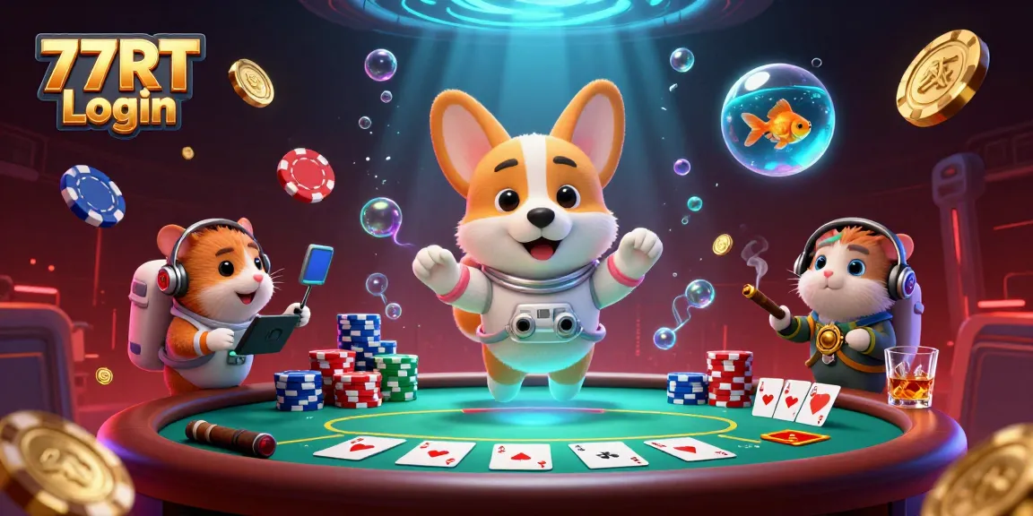 Join the excitement of 77RT Login with our dynamic casino scene featuring poker chips, aces, and colorful characters!