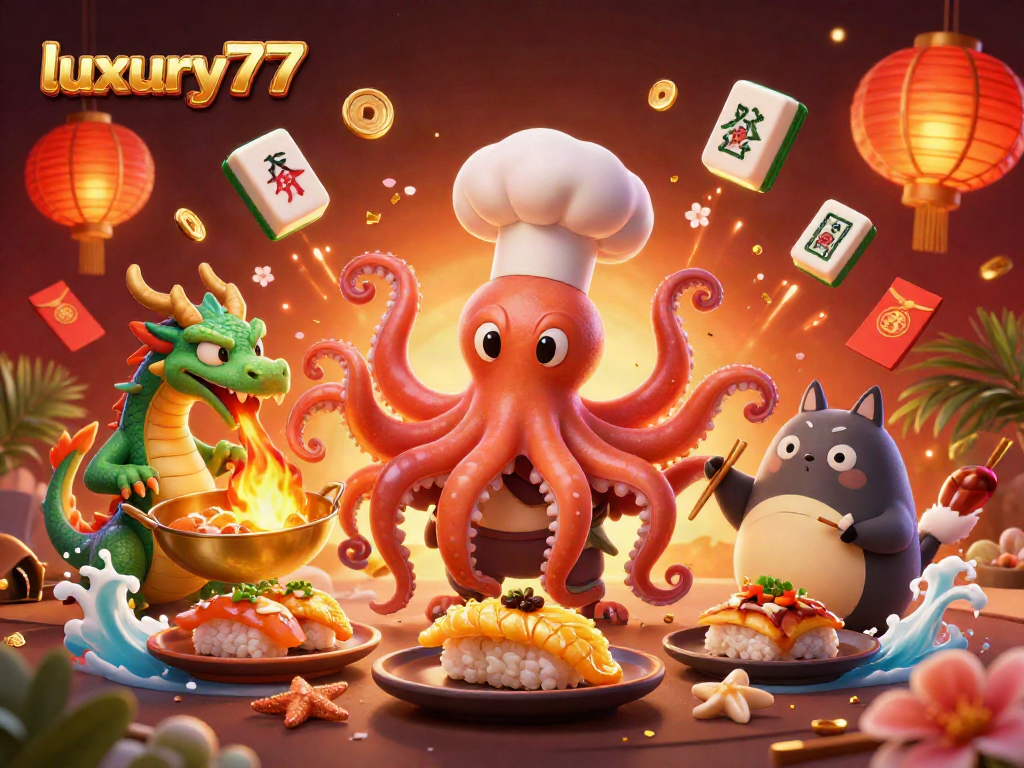 Slot mewah luxury777 dengan koki sushi, naga, dan pelanggan dalam suasana meriah