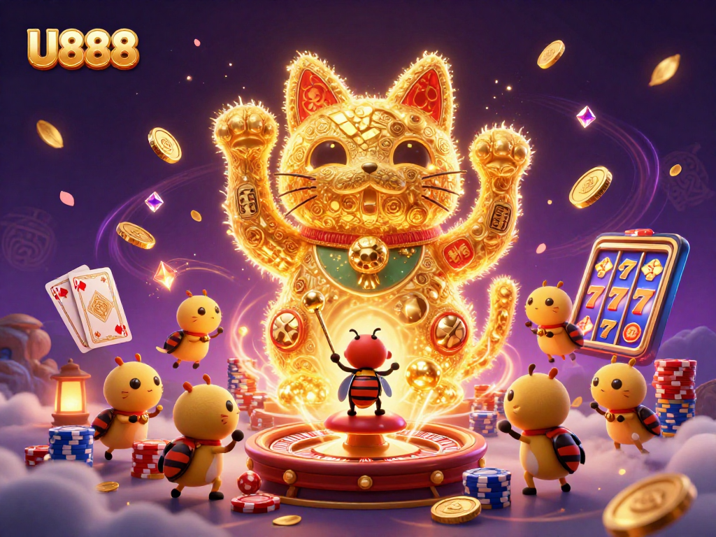 Join the excitement at U888 with a vibrant display of casino elements and lucky symbols.