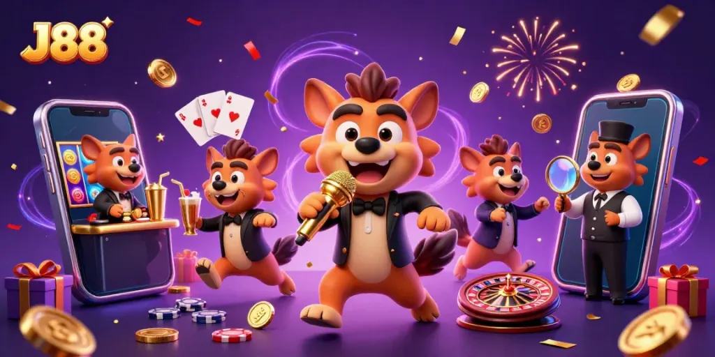 Experience J88's exciting casino atmosphere with hyenas entertaining and interacting around vibrant gaming elements.