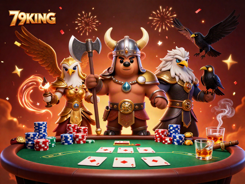 Join the excitement of 79KING with this epic Viking-themed poker scene, featuring fierce characters and vibrant game elements.