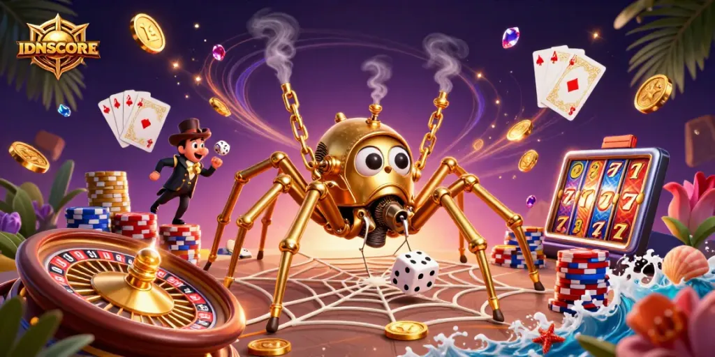 IDNSCORE enhances gaming excitement with a vibrant 3D scene of a golden spider and charming Victorian gentleman.
